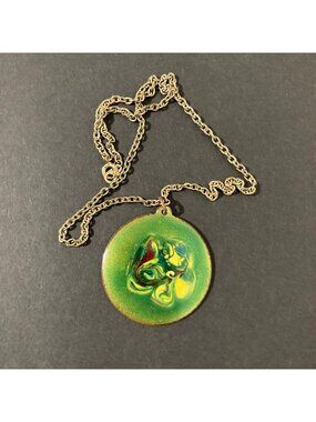 Vintage Green Swirl Enamel On Copper Pendant Necklace With Gold-Tone Chain